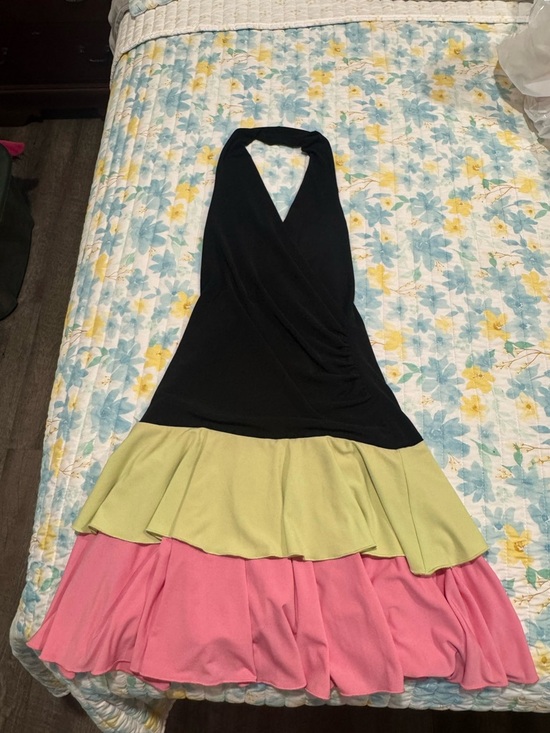 City Triangles Dresses & Skirts - VINTAGE City Triangles Black Halter Dress with Yellow and Pink Ruffle Skirt
